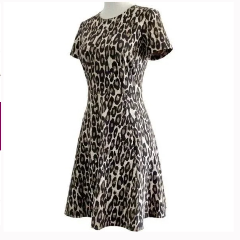 Kate Spade Short Sleeve Round Neck Autumn Leopard Knit Fit-Flare Dress Sz 2